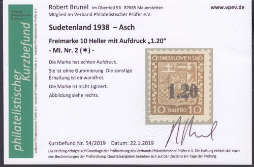 Sudetenland Asch, Mi.-Nr.   2  (*)  geprüft   Befund