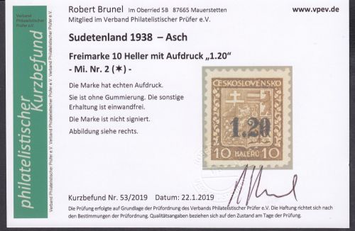 Sudetenland Asch, Mi.-Nr.   2  (*)  geprüft   Befund