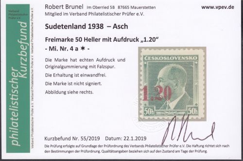 Sudetenland Asch, Mi.-Nr.   4 a  *  geprüft   Befund