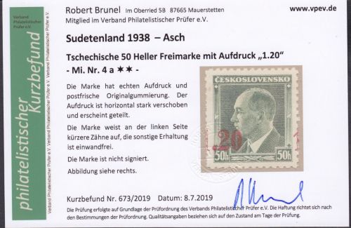 Sudetenland Asch, Mi.-Nr.   4 a  **  geprüft   Befund