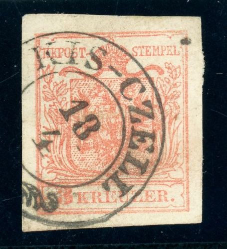 Österreich 3Y Maschinenpapier 3 Kr., breitrd. Kab-Stück mit Zier-K2 KIS-CZELL