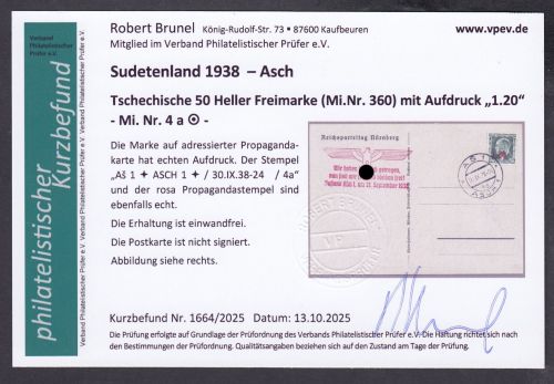 Sudetenland Asch, Mi.-Nr.   4 a  gest. geprüft Befund  Blanco Karte  "grüße vom Balkon"