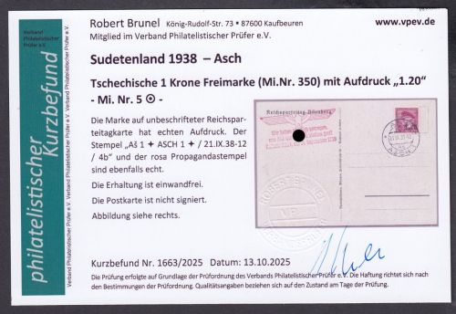 Sudetenland Asch, Mi.-Nr.   5  gest. geprüft Befund  Blanco Karte  "Luitpold Arena"