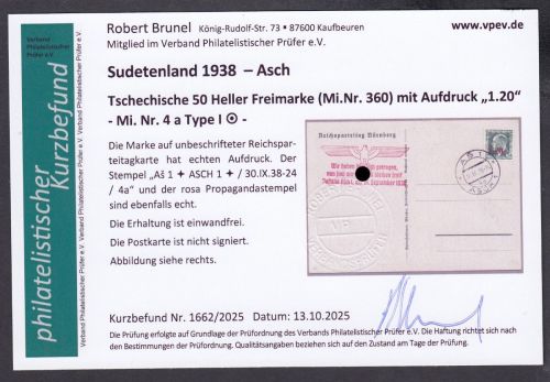 Sudetenland Asch, Mi.-Nr.   4 a  gest. geprüft Befund  Blanco Karte  "Hagen von Troj."