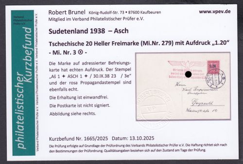 Sudetenland Asch, Mi.-Nr.   3  gest. geprüft Befund  Blanco Karte  "Asch ist Fr."