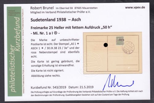 Sudetenland Asch, Mi.-Nr.   1 a I  gest. geprüft Befund  Blanco Karte