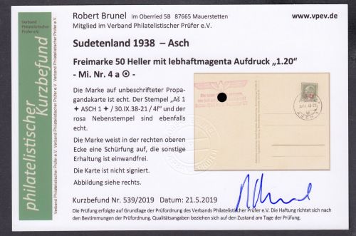 Sudetenland Asch, Mi.-Nr.   4 a  gest. geprüft Befund  Blanco Karte  "Junge mit Trompete"