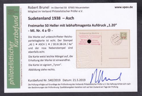 Sudetenland Asch, Mi.-Nr.   4 a  gest. geprüft Befund  Blanco Karte  "Zepelienwiese"