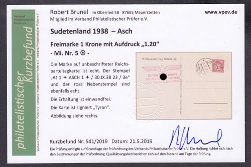Sudetenland Asch, Mi.-Nr.   5  gest. geprüft Befund  Blanco Karte  "Tag der Gemeins."
