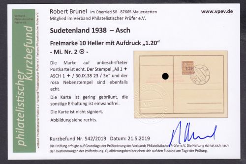 Sudetenland Asch, Mi.-Nr.   2  gest. geprüft Befund  Blanco Karte