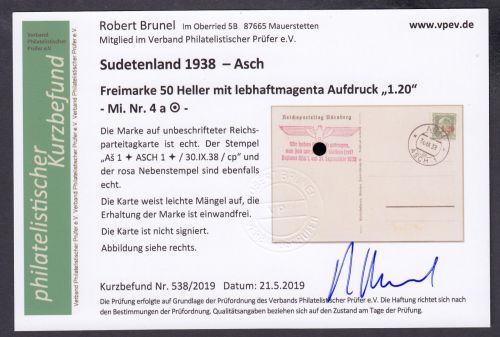 Sudetenland Asch, Mi.-Nr.   4 a  gest. geprüft Befund  Blanco Karte  "Nürnberg  Vorbeim."