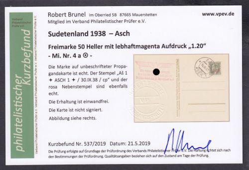 Sudetenland Asch, Mi.-Nr.   4 a  gest. geprüft Befund  Blanco Karte  "Junge mit Trompete"