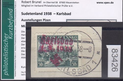 Sudetenland Karlsbad, Mi.-Nr.   62  gestempelt  geprüft  Befund