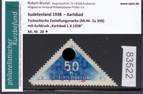 Sudetenland Karlsbad, Mi.-Nr.   28  *  geprüft  Befund