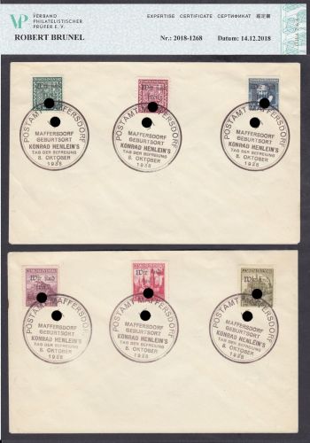 Sudetenland Maffersdorf, Mi.-Nr.   14+15+21+25+26+35  gestempelt  geprüft   Befund