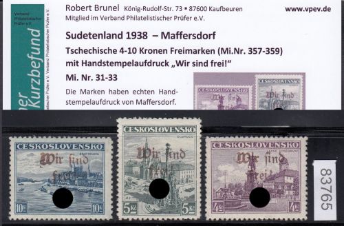 Sudetenland Maffersdorf, Mi.-Nr.   31-33  *  geprüft   Befund