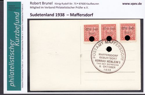 Sudetenland Maffersdorf, Mi.-Nr.   13 a  gestempelt  geprüft   Befund  auf  AK   Maffersd.