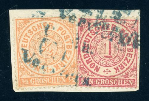Ndp 15,16 Briefstück 1/2 Gr. orange und 1 Gr. karmin auf Kab-Bfst. mit blaue...