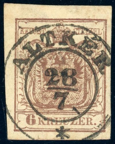 4Y Gestempelt ALTKER 28/7, K2 zentr. a.  breitrd. 6 Kr. Luxus