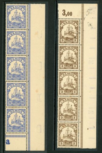 Samoa 7,10 (5) Postfrisch 3 und 20 Pfg. in senkr. ER-5erStreifen mit Rand Zud...