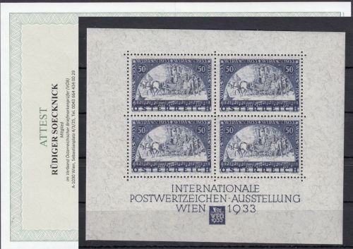 Österreich 1933, Mich.-Nr.: Block 1 ** mit Umschlag  WIPA   geprüft  Attest