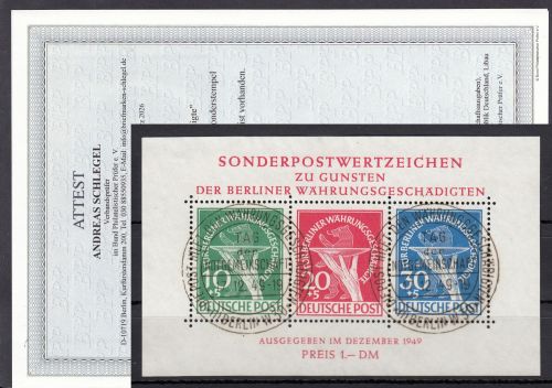 Berlin 1949, Mich.-Nr.:Block 1 gestempelt LUXUS  geprüft  Attest NEU  ERSTTAG