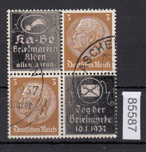 DR 1937, Mich.-Nr.: Hindenburg Überdruck 4er-Block gestempelt  K+3+3+T