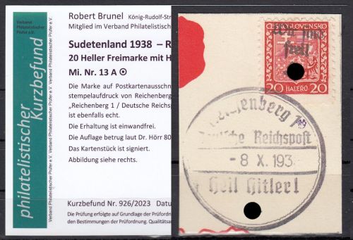 Sudetenland Reichenberg, Mi.-Nr.   13 A  gestempelt  geprüft   Befund