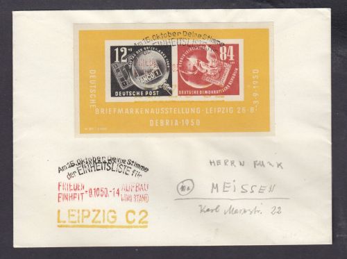 DDR 1950, Mich.-Nr.: 271-72 Block 7 gestempelt  auf Blanco Brief