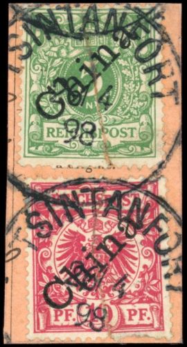 Kiautschou - Vorläufer V3,4I Briefstück 5 und 10 Pfg. je in der Mitte durch...