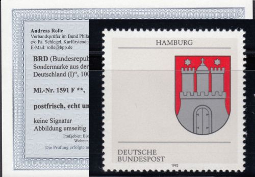 Bund 1992, Mich.-Nr.: 1591 F **    Farbe   Dunkengrünoliv  fehlend   geprüft  Befund