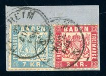 Baden 25b+24 Briefstück 7 Kr. hellblau mit 3 Kr. rot a. Kab-Bfst. mit K2 MAN...