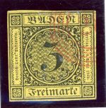Baden 2b Gestempelt 3 Kr. schw./gelb, voll- bis breitrd. mit rotem NS 28 Durlach