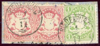Bayern 22Xa,23Xa (2) Briefstück 2mal 3 Kr. rosa mit 1 Kr. gr