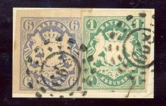 Bayern 16+14 Briefstück 6 Kr. blau mit 1 Kr. gr