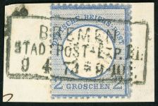 Deutsches Reich 20 Briefstück 2 Gr. blau auf Luxusbfst. mit idealem Ra3 BREM...