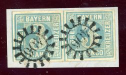 Bayern 2II 2 (2) Briefstück 3 Kr. blau Pl. I/2 im waager. Paar auf Luxusbfst...