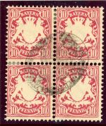 Bayern 39b (4) Gestempelt 10 Pfg. im selt. Viererblock mit zentr. Entwertung ...
