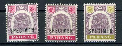 Pahang 8,9,18Sp. Ungebraucht mit Falz 3 Werte Tigerkopf mit Specimenaufdr.