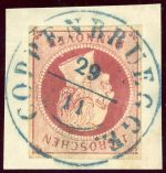 Hannover 14c Briefstück 1 Gr. lilarot auf Luxusbfst. mit idealem bl. K2 COPP...