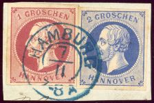 Hannover 14a+15a Briefstück 1 Gr. rosa mit 2 Gr. blau auf Luxusbfst. mit zen...