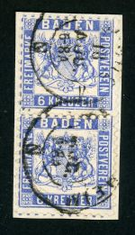 Baden 19a (2) Briefstück 6 Kr. blau im senkr. Par a. Luxusbfst. mit K2 MANNHEIM