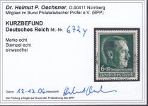 DR 1938, Mich.-Nr.: 672 y gestempelt geprüft  Befund