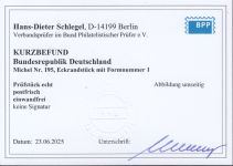 Bund 1954, Mich.-Nr.: 195 v **  FN 1  Eckrand ger. gummi   Zähnung B  gepr.  Befund