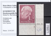 Bund 1954, Mich.-Nr.: 196 v **  FN 3  Eckrand gerif.  gummi  Zähnung ALa  gepr.Befund