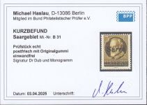 Saargebiet 1920 Mi. Nr. 31 B ** geprüft  Befund