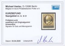Saargebiet 1920 Mi. Nr. 31 B ** geprüft  Befund