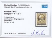 Saargebiet 1920 Mi. Nr. 31 B ** geprüft  Befund
