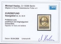 Saargebiet 1920 Mi. Nr. 31 B ** geprüft  Befund
