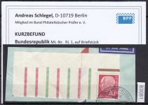 Bund 1955, Mich.-Nr.:  RL 1  gestempelt  ECKRAND  geprüft  Befund  gefaltet lesen
